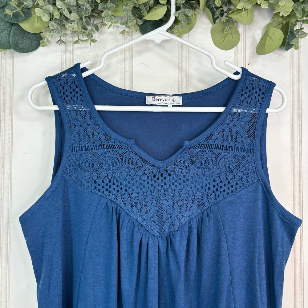 Berryou Crochet Tank Top Womens Large Blue Sleeveless Summer Cottage Boho